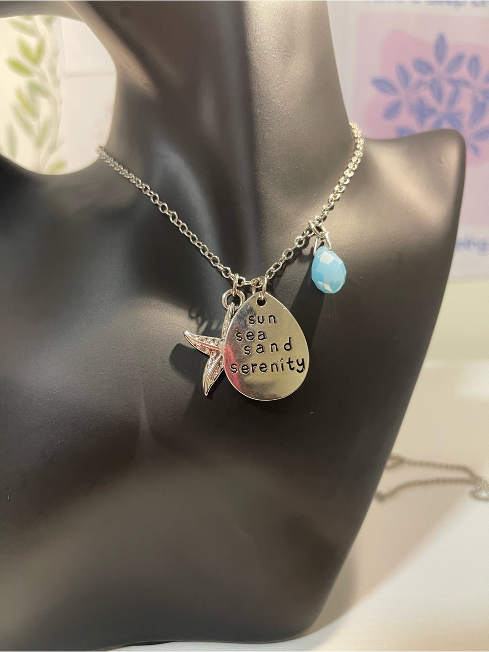 Sun Sea Sand Serenity Pendant Necklace with Blue Teardrop Charm